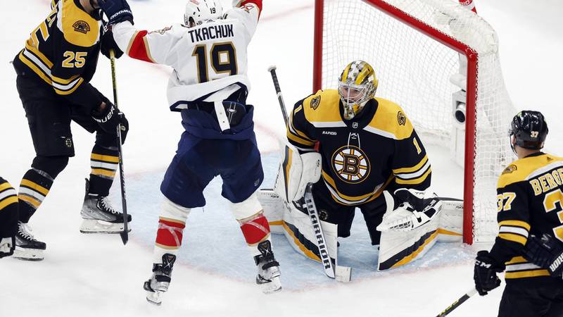 Florida Panthers' Matthew Tkachuk (19) celebrates after a goal by Carter Verhaeghe on Boston...
