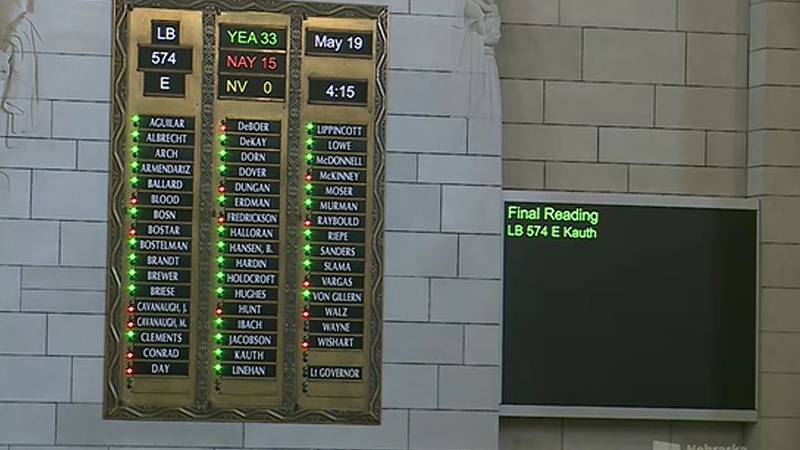 Nebraska lawmakers cast their votes on the final reading of LB574, the bill to ban...
