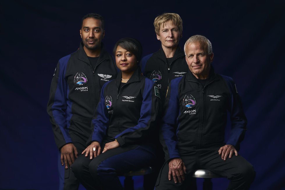 This photo provided by Axiom Space in 2023 shows astronauts, from left, Ali al-Qarni, Rayyanah...